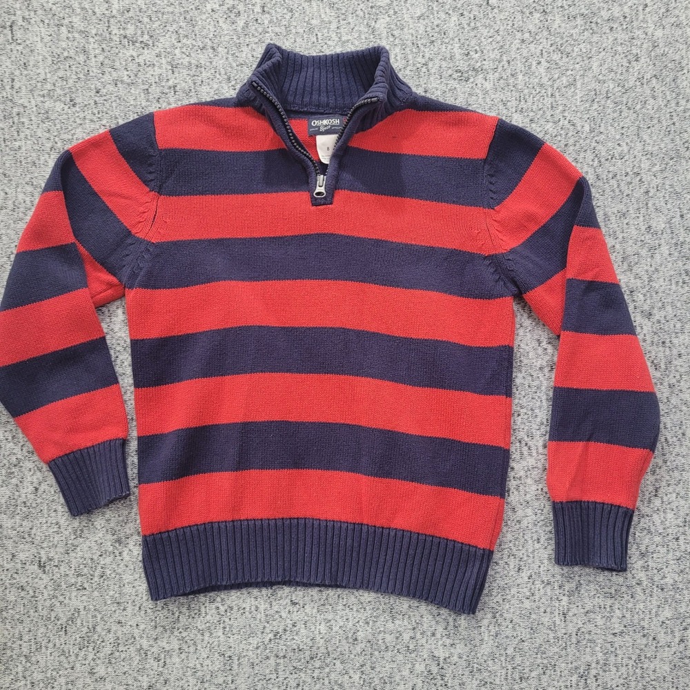 OshKosh B'gosh Kids Boys Red Navy Striped Quarter Zip Sweater‎ Size 8 FLAW